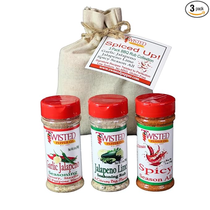 Twisted Pepper Co. Handcrafted Premium Seasonings Spiced Up 3 Pack Gift SetGarlic Jalapeno Jalapeno Lime Spicy Seasonings Low Sodium No MSG Gluten Free 5 oz. bottles Great on everything