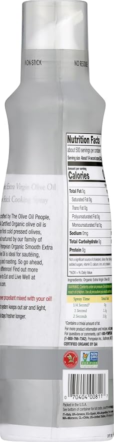 Pompeian USDA Certified Organic Smooth Extra Virgin Olive Oil Non-Stick Cooking Spray No Propellants 5 Fl Oz Pack of 6