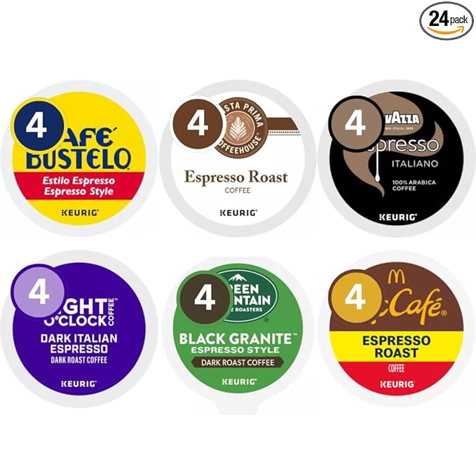 Espresso Style Dark Roast Italian K-Cup Pods Coffee Variety Pack Sampler Includes Cafe Bustelo Eight O'Clock Barista Prima Coffeehouse Lavazza Green Mountain Black Granite for Keurig Brewers (24 C