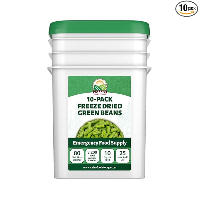 Valley Food Storage Freeze Dried Green Beans | 10-Bag Bucket 28.2 oz | Premium Emergency Food Supply 25 Year Shelf Life | Non-GMO Prepper Food for Camping Cooking &amp Long-Term Storage Packaged