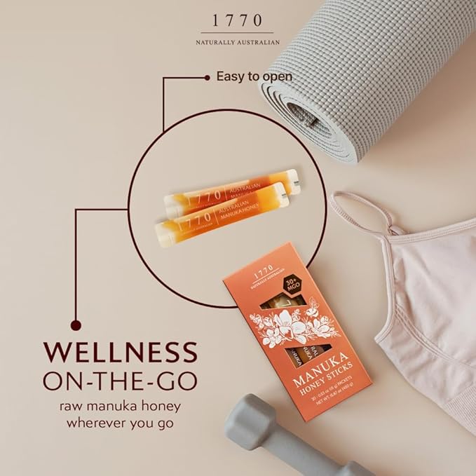 1770 Naturally Australian MGO 30+ Manuka Honey Sticks 30 x 15g Organic Honey for Tea Yogurt &amp Travel Snacks
