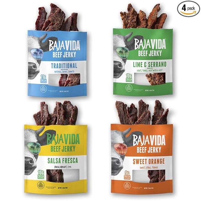 Baja Beef Jerky Snack Pack - Jerky Variety Pack Beef Jerky Gifts for Men Beef Jerky Sampler Craft Jerky Beef Jerky Assortment Gluten Free Jerky High Protein Jerky - 2.5 Oz Bags (Pack of 4)