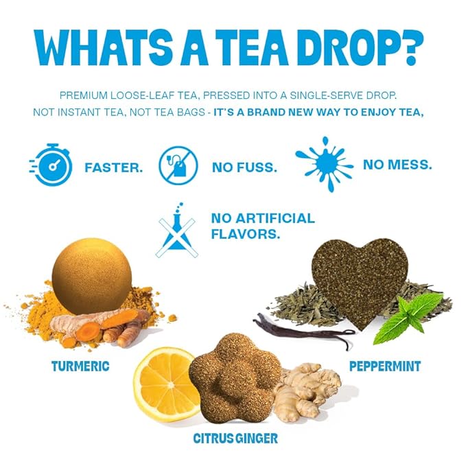 Tea Drops Herbal Trio Gift Set Sampler | Dissolvable Bagless Loose Leaf Tea | Iced or Hot | Caffeine Free Naturally Sweetened Peppermint Turmeric Citrus Ginger | 10 Per Flavor - 30 Servings