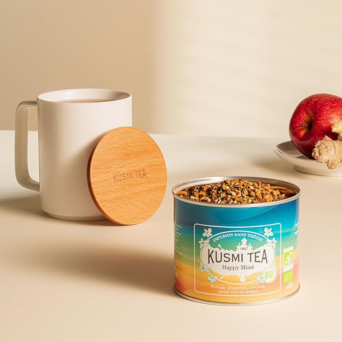 Kusmi Tea - Happy Mind - Organic Herbal Tea with Dragon Fruit Turmeric Apple Chili Pepper Moringa Lemon &amp Ginger - Caffeine Free - Loose Leaf Tea - Tin Box of 3.5 oz - Quantity for about 50 c