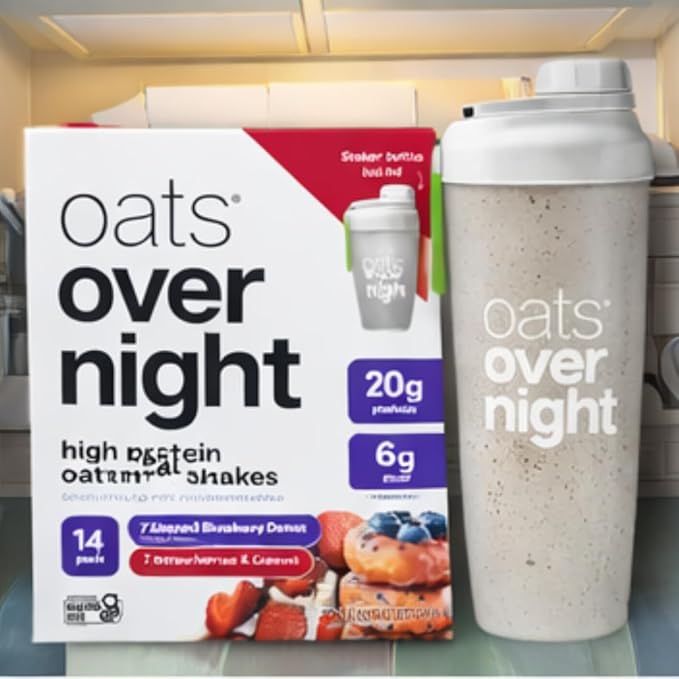 Oats Overnight High Protein Oatmeal Shakes Variety Pack (14 Pack) – Glazed Blueberry Donut &amp Strawberries &amp Cream – 20g Protein 6g Fiber Gluten Free Just Add Milk &amp Refrigerate – Includ