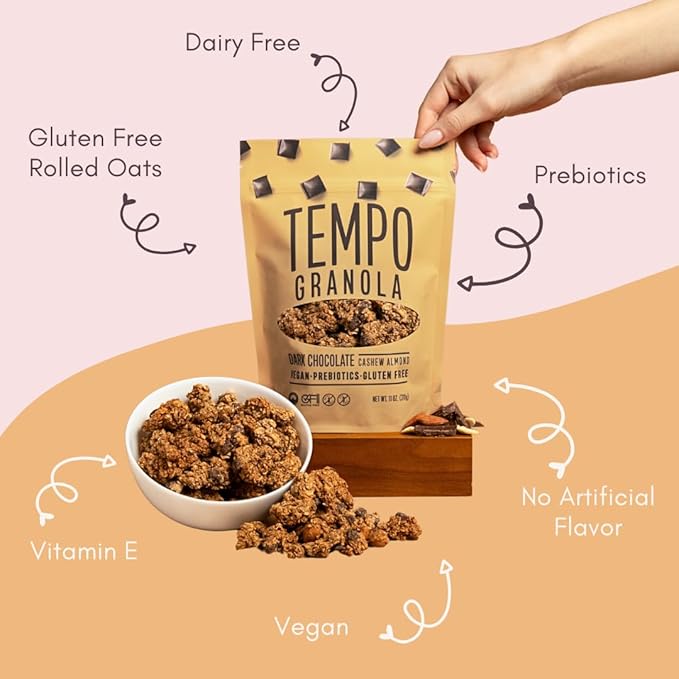 Tempo Granola Dark Chocolate Cashew Almond Loose Granola - 3 Pack of 11 oz Bags - Nutrient-Rich Gluten Free Vegan Oats High Protein Low Sugar Vegan Dairy Free Soy Free Vitamin E Prebiotics F