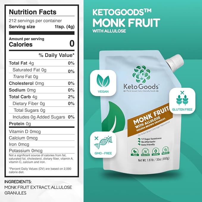 Keto Goods Monk fruit Sweetener with Allulose - Brown Sugar Substitute with 1:1 Sugar Sweetness No Erythritol - Ideal for Baking - Perfect Brown Allulose Granules - Keto Friendly Zero Calorie Sweetene