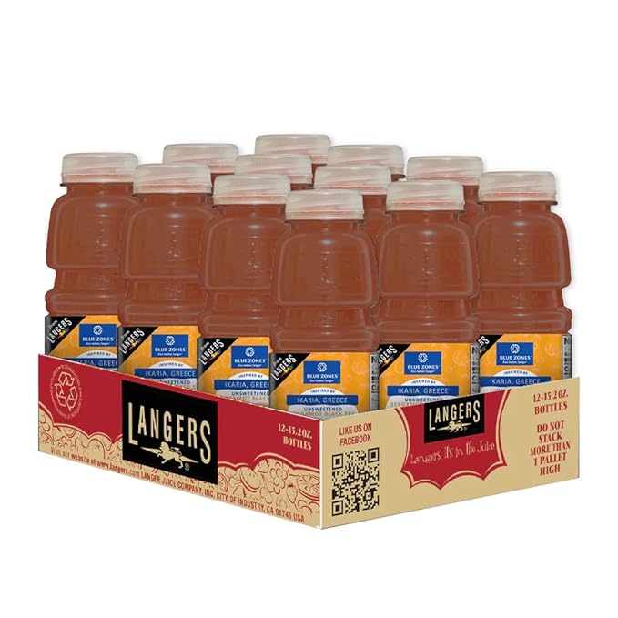 Langers Blue Zones Inspired Unsweetened Tea Bergamot Black Tea with Fruit Juice 15.2 Fl Oz (Pack of 12)