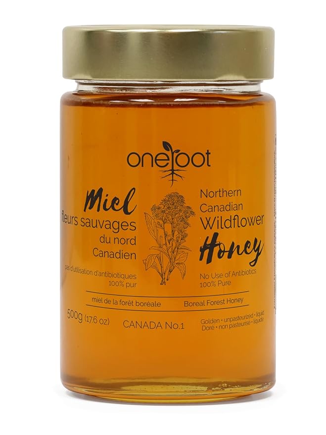 OneRoot Natural Wildflower Honey - 1.1 lbs / 500g Pure Canadian Boreal Forest - Unpasteurized Minimally Filtered &amp Single-Source - Rich in Enzymes &amp Antioxidants - Raw Liquid Honey