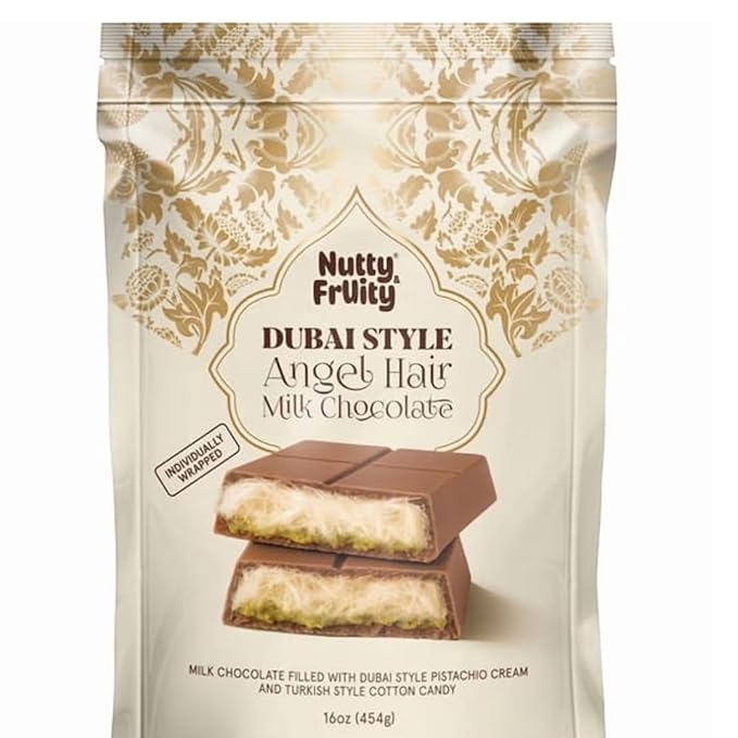 Nutty Fruity Dubai Angel Hair Milk Chocolate Premium Middle Eastern Style Chocolate Candy Creamy Milk Chocolate with Delicate Shredded Filling 16 oz (Pack of 2)