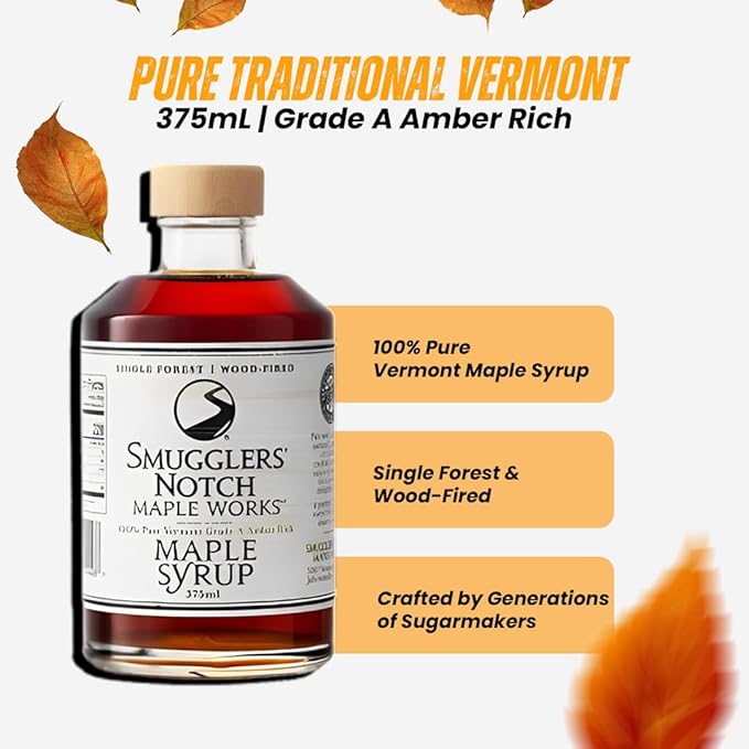 Smugglers’ Notch Maple Works – Single Forest Wood Fired – 100% Pure Vermont Maple Syrup – Natural Sweetener &amp Gluten Free – Rich Taste – Waffles and Pancakes Cocktails Marinades 12.68 Fl Oz. (3