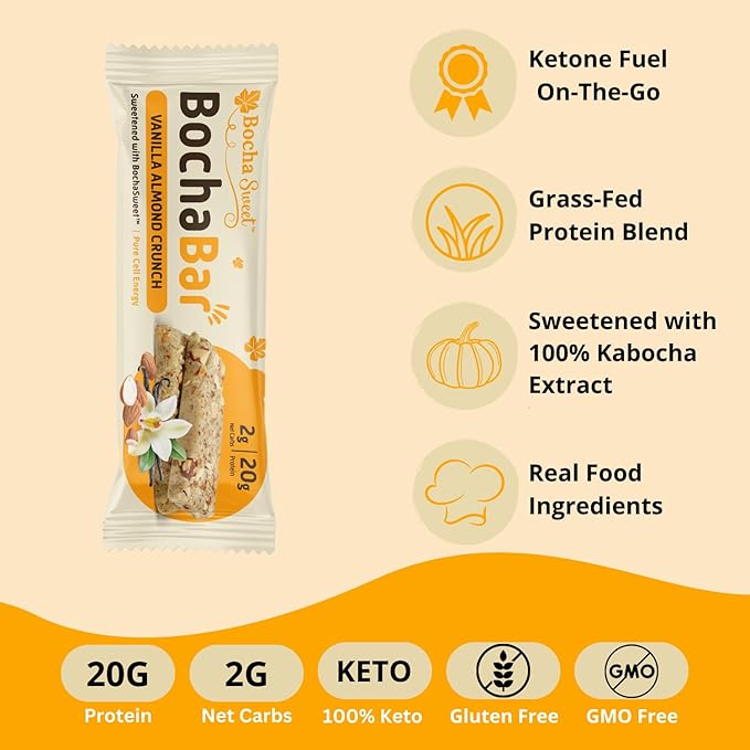 BochaSweet Keto Protein Bar Vanilla Almond Crunch BochaBar 20g Grass Fed Collagen Low Carb Keto-Friendly Gluten Free 12 Count