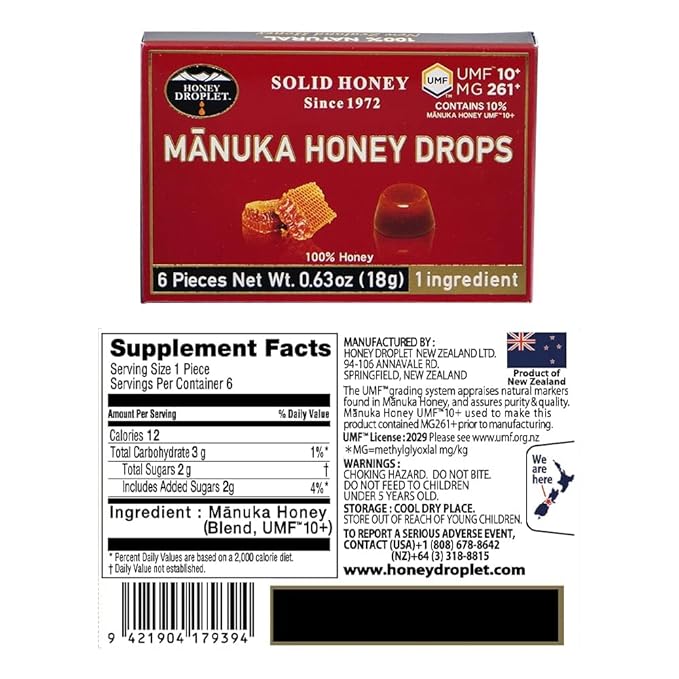 HONEY DROPLET] Blend UMF™10+ (MG 261+) 100% Manuka Honey Drops Truly Natural from New Zealand 1 Premium Ingredient 12 Packs (Original Flavor - Blend)