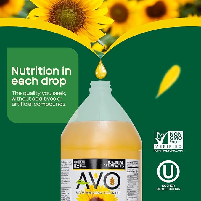 AVO High-Oleic Organic Sunflower Oil for General Cooking 1 Gallon Non-GMO Certified Neutral Flavor Cooking Oil