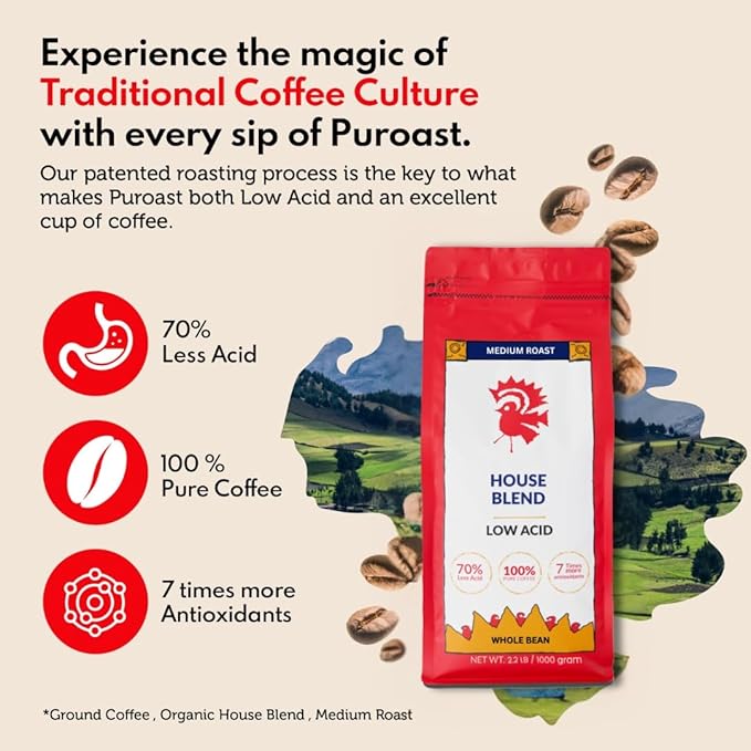 Puroast Low Acid Coffee Whole Bean | House Blend Whole Bean | Medium Roast | High Antioxidants &amp High pH |No Bitter Aftertaste | Reduced Heartburn &amp GERD | Suitable for Cold Brew - 2.2 LB