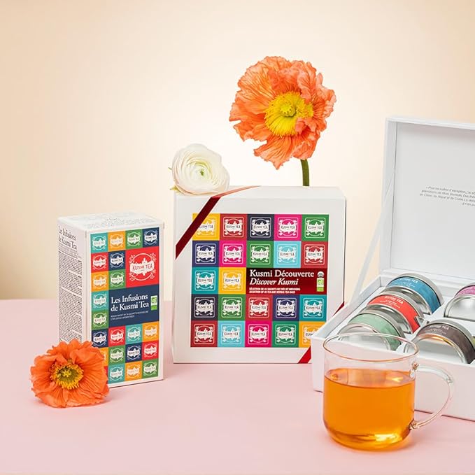 Kusmi Tea - Organic Herbal Tea Gift Set - Sampler Assortment Variety Box - Gift Idea for Men and Women - Caffeine-Free Teas - Hibiscus Tea Chamomile Tea Rooibos - 8 Recipes - 24 Tea Bags