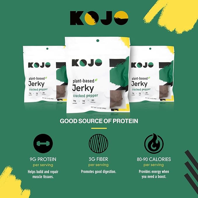 Kojo - Plant-based Vegan Jerky - Cracked Pepper - Peppery and Shamelessly Meaty Flavor - 9g Protein 3g Fiber 90 Calories - 6 Bag (2.4 oz)