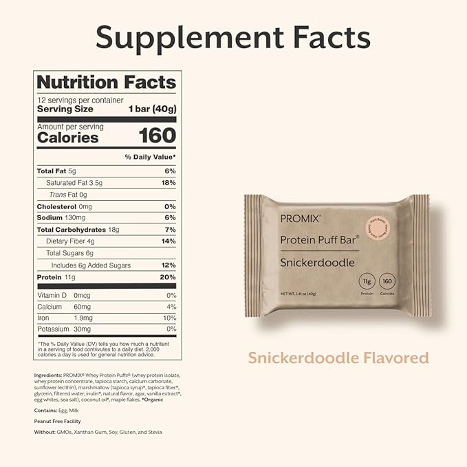 ProMix Nutrition Protein Plant Based Puff Bars - Snickerdoodle - Marshmallow Crispy Treat - High Protein &amp Low Calorie - 12 Bars