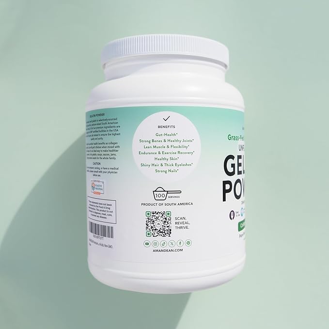 AMANDEAN Premium Gelatin Powder XL. Grass-Fed Beef Collagen Protein Supplement. Unflavored. Healthy Skin Hair Nails &amp Gut. Paleo Friendly Cooking and Baking. 18 Amino Acids. Non-GMO.