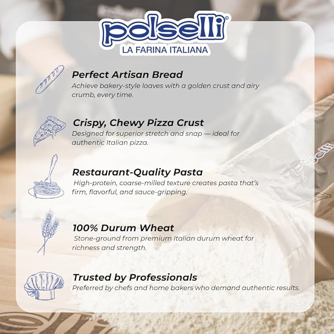 POLSELLI Italian Semola Flour 11 lbs (5 kg) Fine Ground Semolina Rimachinata for Fresh Pasta Bread Durum Wheat Product of Italy