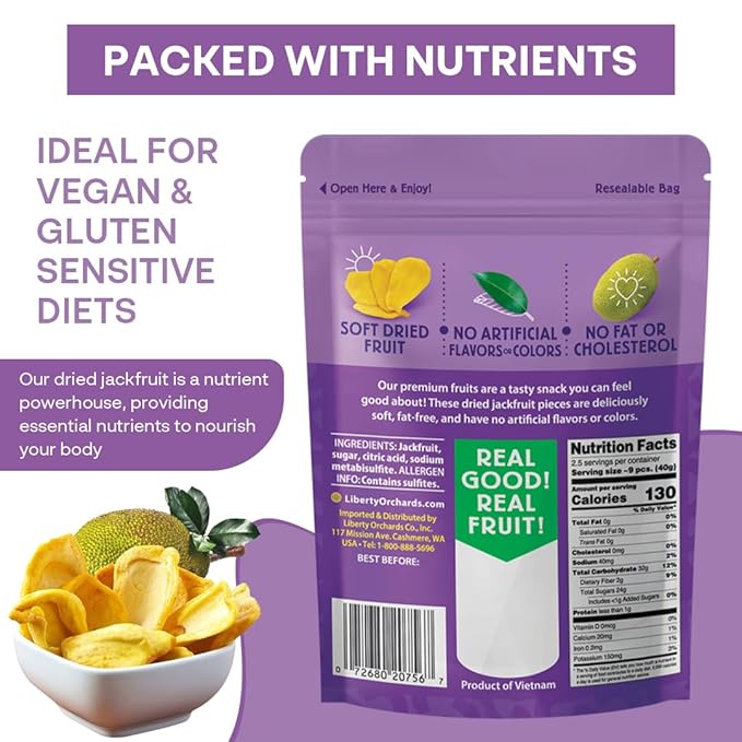 Liberty Orchard Organic Dried Jackfruit - Naturally Sweet Fruit Snacks for Healthy Digestion &amp Busy Lifestyles - Enjoy the Bold Flavor of Jackfruit with Fiber-Rich Snack Packs - 4 Pack