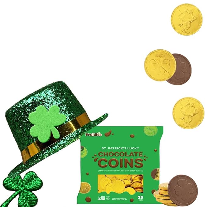 St. Patrick's Day 25 Chocolate Coins Gold Shamrock Coins Foils Belgian Milk Chocolate Clover Coins Resealable Bag Nut-Free (24 Bags)