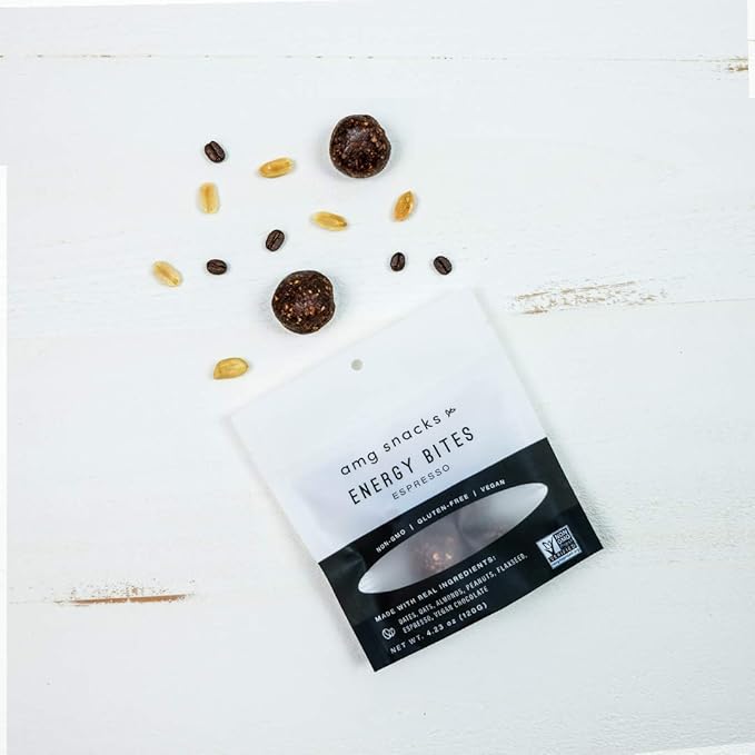 AMG Snacks Espresso Energy Bites | 4.3 oz Pack of 6 (72 Bites Total) | Date and Nut Energy Snacks Protein Bars | Non GMO Gluten Free Vegan Protein Bites | Made with All Natural Ingredients