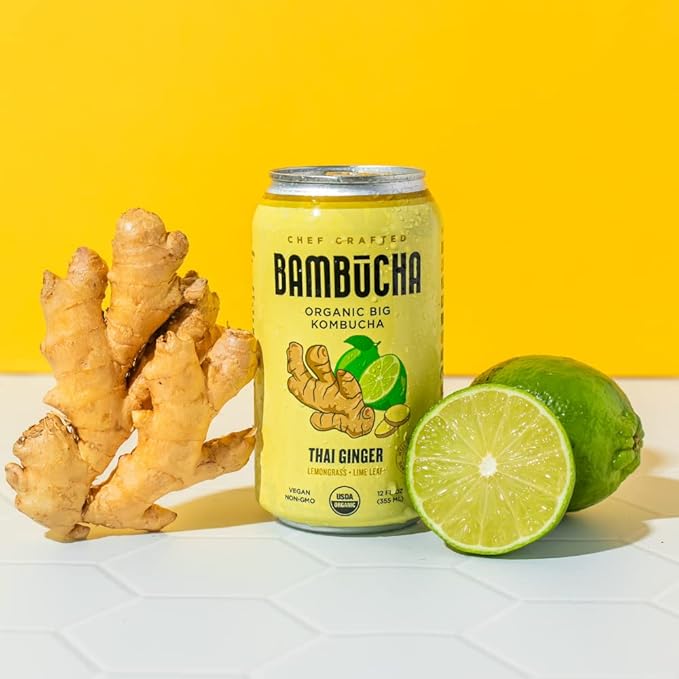 Bambucha Kombucha Thai Ginger 12 Pack Case | Chef Crafted Flavor 100% Raw Kombucha Tea Drink | Organic Vegan Gluten Free Non GMO Probiotic (12 Fl Oz Cans)