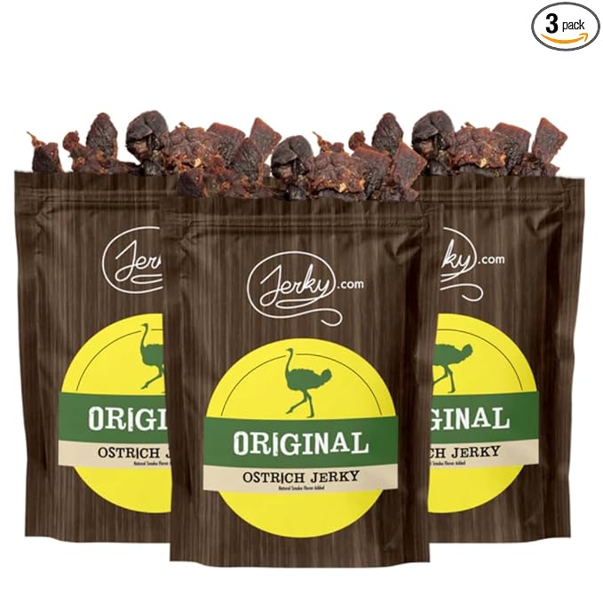Jerky.com Exotic Original Ostrich Jerky - Wild Game Meat Snacks Exotic Snacks High-Protein All-Natural No Added Preservatives - Healthy Snacks for Adults - 1.75 oz. (Pack of 3)