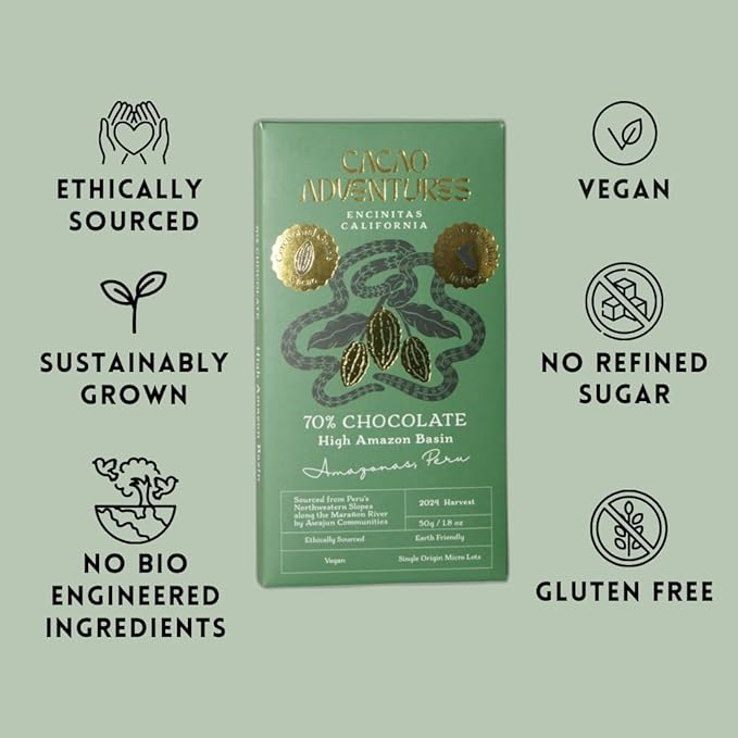 Cacao Adventures - 70% Ceremonial Grade Cacao Bar | Wild Strains | Ethically Sourced Sustainably Grown | (1.76oz - Pack of 3)
