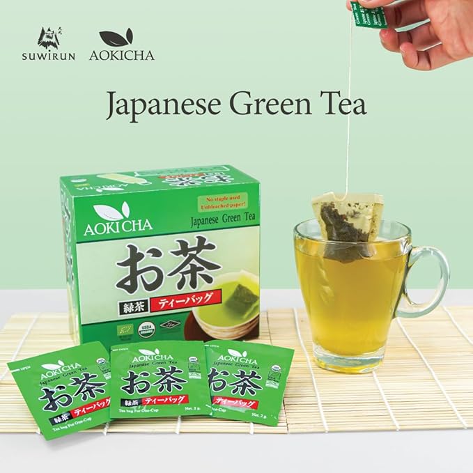 Suwirun Aoki Cha Organic Yabukita Japanese Green Tea 50 Bags – Smooth Umami-Rich &amp Refreshing – Eco-Friendly Unbleached Tea Bags for Hot &amp Cold Brew