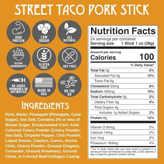 Righteous Felon Meat Sticks | 100% Pasture Raised Pork | 8g Protein per Stick | Keto Gluten-Free Low Sugar High Protein Snack Sticks | Individually Wrapped | Street Taco Pork Sticks 10 Count
