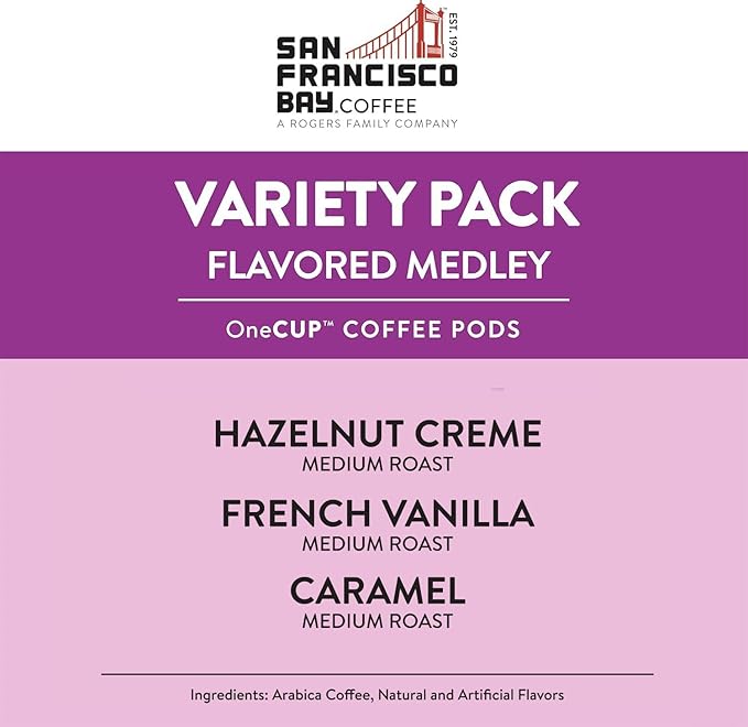 San Francisco Bay Coffee - Flavored Variety Pack (40 ct) - Hazelnut Crème Caramel &amp French Vanilla - Single Serve Coffee Pods Commercially Compostable K Cup Compatible