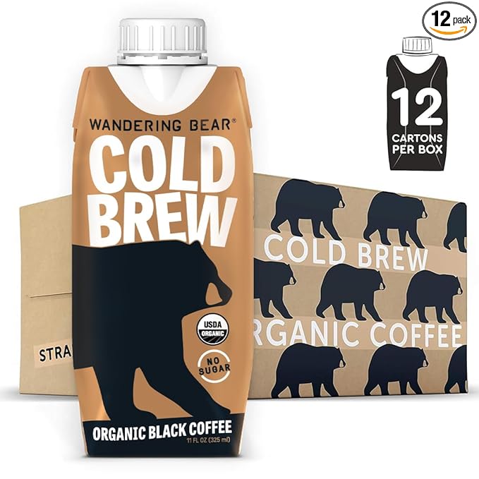 Wandering Bear Straight Black Organic Cold Brew Coffee On-the-Go - Extra Strong Bold Smooth Unsweetened Shelf-Stable Ready to Drink &amp Vegan 100% Organic Iced Cold Brewed Coffee Drink -11 fl