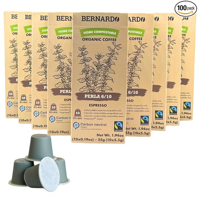 Bernardo PERLA Espresso Biodegradable Capsules Compatible with Nespresso Original Line Intensity 6/10 USDA Organic Home Compostable Capsules. 100 Count (10 Boxes of 10 Espresso Pods)