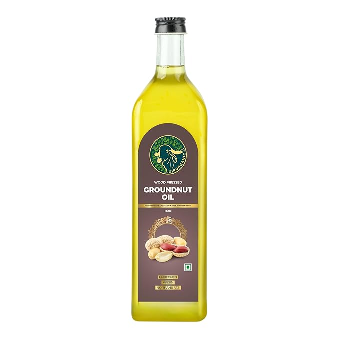GirOrganic Wood Pressed Peanut oil | Kacchi Ghani | Virgin | Unrefined Groundnut Oil | Cold Pressed | 100% Natural Cooking Oil (33 oz)