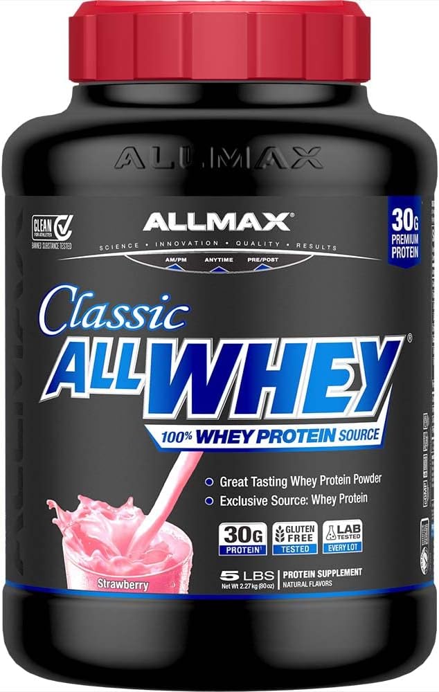 ALLMAX Classic AllWhey Whey Protein Powder Strawberry 5 lbs – 30g Protein per Scoop Gluten Free Low Sugar High Protein Supports Muscle Recovery Lean Muscle &amp Post Workout for Men &amp Wom