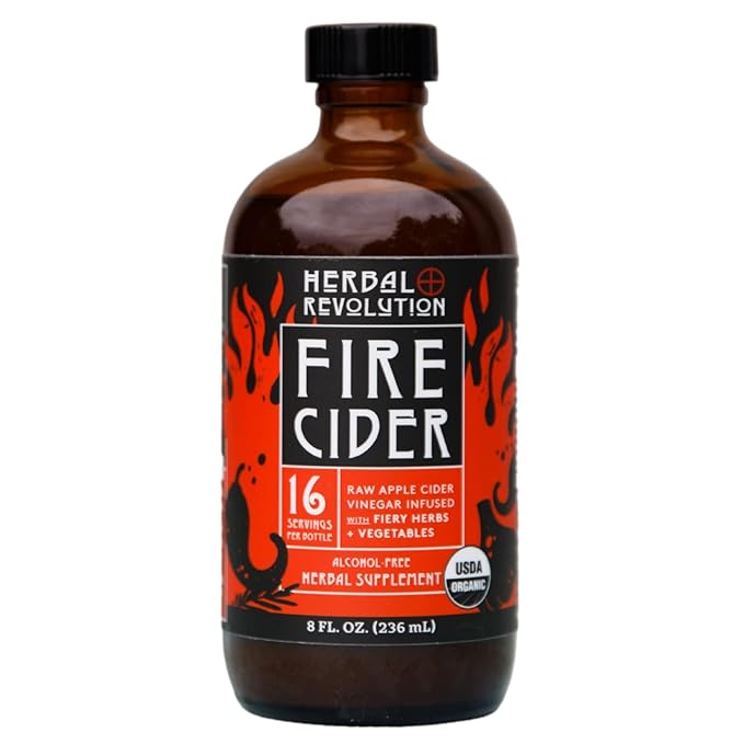 Herbal Revolution Fire Cider Apple Cider Vinegar - Certified Organic Non-GMO ACV Infused with Ginger Horseradish Hot Peppers Honey and More - Made Using Regenerative Farming Practices 8 Oz