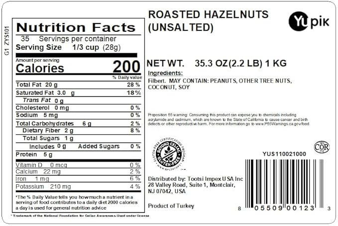 Yupik Dry Roasted Unsalted Hazelnuts 2.2 lb (35.2 oz) Gluten-Free Kosher Vegan Filberts Unsalted Oil-Free Crunchy Nuts Source of Fiber &amp Iron Healthy Snacks For Baking &amp Nut Butters