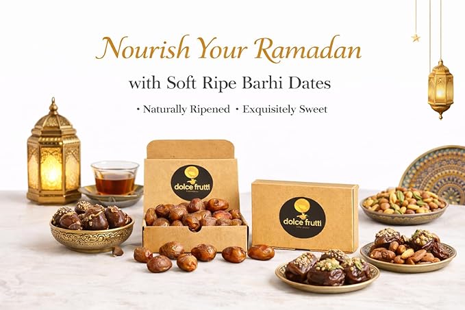 Ramadan Family Dates &amp Nuts Box – 8 Lbs (2 Lbs Each of Premium Barhi &amp Medjool Dates Raw Shelled Pistachios Almonds) – Iftar &amp Suhoor Healthy Snack Ramadan Gift Pack for Families