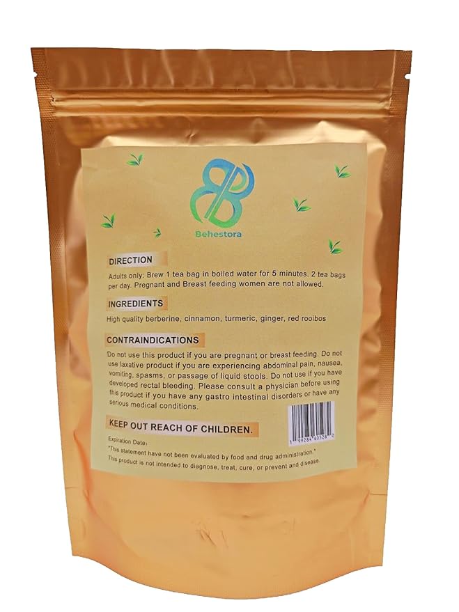 Behestora Berberine Tea is a caffeine-free - Herbal Detox Tea crafted with a blend berberine - cinnamon - turmeric - ginger - red rooibos - 15 Bags