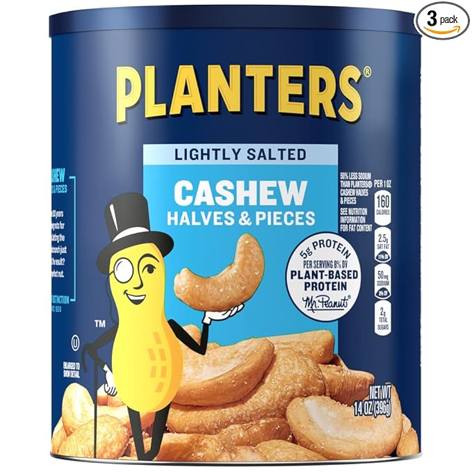 PLANTERS Lightly Salted Cashew Halves &amp Pieces 14 oz Canister (Pack of 3) Cashews Roasted in Peanut Oil with Sea Salt Snacks for Adults Resealable Lid for Long-Lasting Freshness Kosher