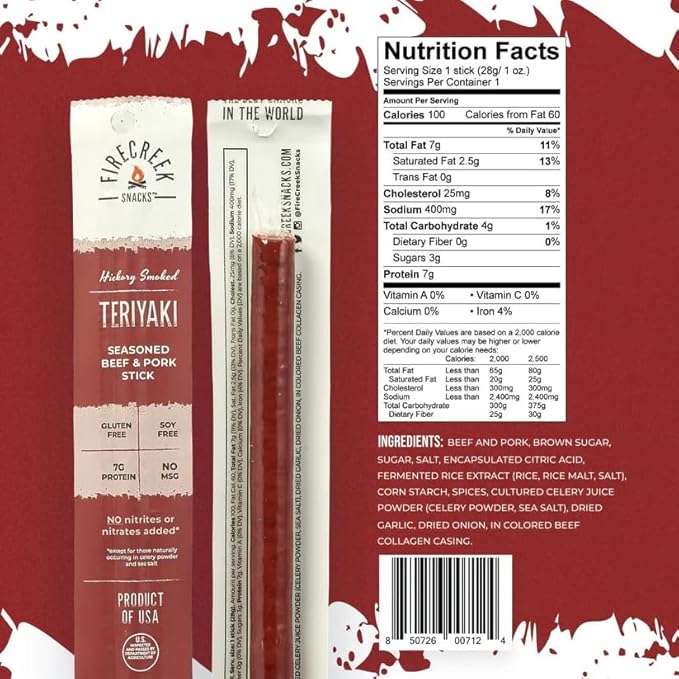 FireCreek Snacks Beef Sticks (Jerky Sticks) Hickory Smoked Beef &amp Pork Meat Sticks 20 Pack (1 oz) 7g Protein Gluten Free Soy Free No MSG Teriyaki