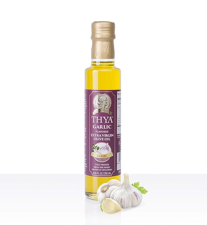 Thya Flavored Extra Virgin Olive Oil Variety Pack: Garlic Chili Pepper Basil | First Cold Pressed Olives | EVOO Value Pack | 3 Bottles of 8.45 Fl oz each | Total 25.35 Fl oz