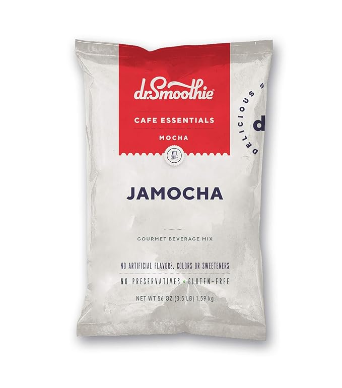 Dr. Smoothie Café Essentials Jamocha – No Artificial Colors Flavors or Sweeteners – Shelf Stable – 78mg of Caffeine per Serving – Great for Hot Iced &amp Frozen Frappes (3.5 lb Bag 26 Servings)