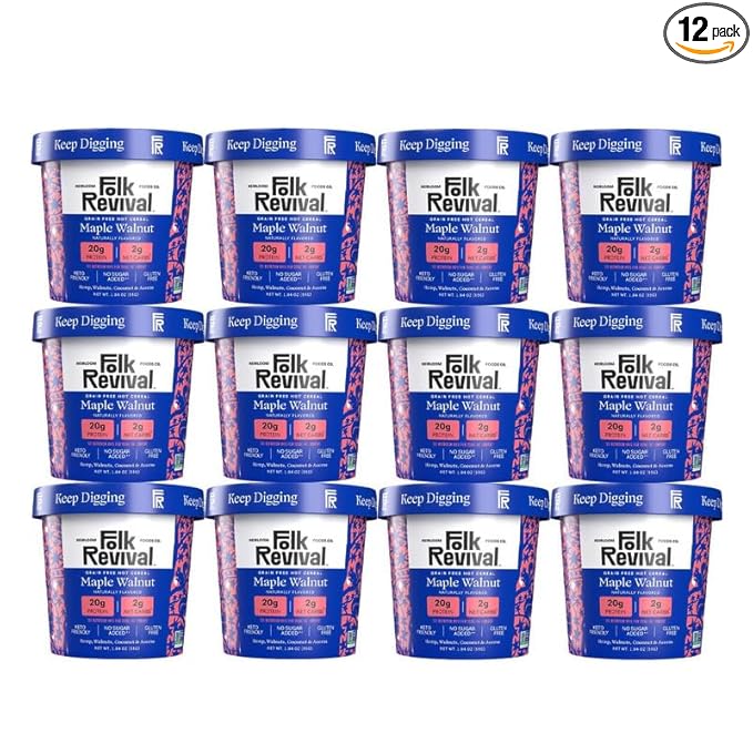 Folk Revival Maple Walnut Keto Instant 'Oatmeal' - 20g Protein 2g Net Carbs High Fiber Non GMO Gluten Free Made with Acorns - 12 Cups Per Case