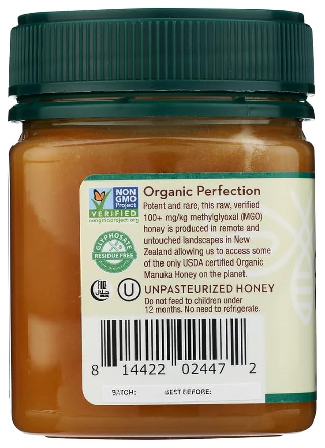 Wedderspoon Organic Raw Manuka Honey 100+ MGO 8.8 Oz Unpasteurized New Zealand Honey Non-GMO BPA-Free Jar Superfood &amp Natural Wellness Support