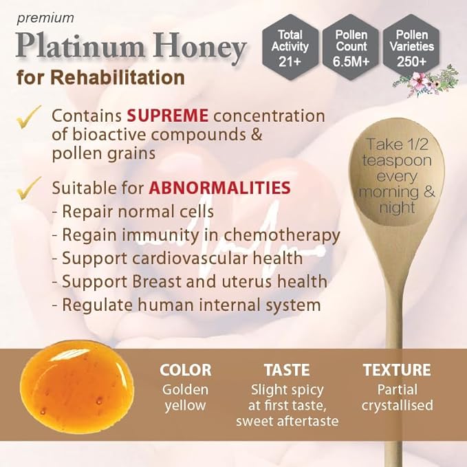 Premium Tualang Platinum Honey 7oz (TA 21+ Pollen Variety 250+) Supreme Choice for Rehabilitation Wild-ripening on 250ft Treetop Raw Unpasteurised Unfiltered