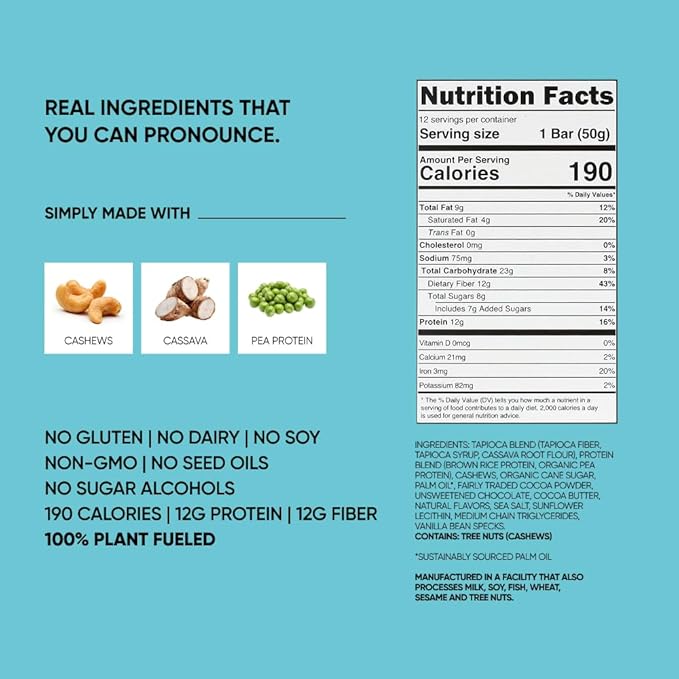 TRUBAR Vegan Protein Bar Oh Oh Cookie Dough Gluten Free Plant Based Protein Dairy Free Non GMO Soy Free No Sugar Alcohols 12G Protein 13G Fiber Healthy on the Go Snack Bars 12 CT