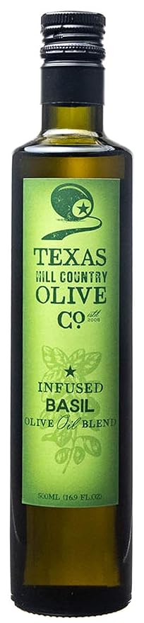 Texas Hill Country Olive Co Basil Infused Olive Oil - Cold Pressed Gourmet EVOO Olive Oil - Great for Dressing Dipping Marinade - No Artificial Flavors or Added Sugar - Made in Texas (16.9 oz)